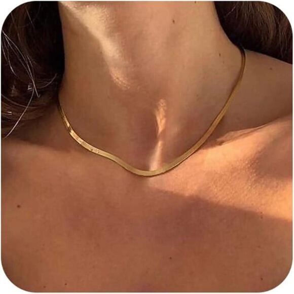 Herringbone Necklace for Women Dainty 14k Gold Snake Chain Necklace Layered Gold - Picture 1 of 7